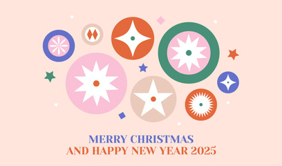 Merry Christmas and happy new year 2025. Modern trendy geometric holiday background with decorative elements. Vector illustration.