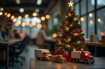 Miniature Christmas tree with red ornaments and toy trucks, packages  on office desk. Christmas lights in background. Workplace holiday decor.