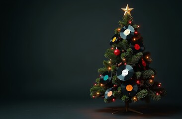 A Christmas tree adorned with vinyl records, ornaments, and lights on a dark background. Concept of music-themed holiday celebration