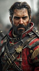 Fototapeta premium A fierce warrior adorned in battle-worn armor stands resolute among the chaos of a tumultuous battlefield, showcasing determination and strength in the heart of conflict