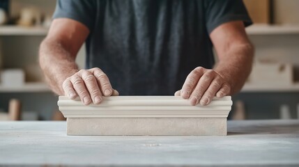 skilled craftsman adjusts a piece of decorative molding on a workbench, demonstrating careful attention to detail and craftsmanship in a well-lit workshop filled with tools