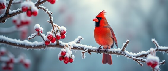 Red cardinal bird on a frosty tree branch with snow red berries in winter.
