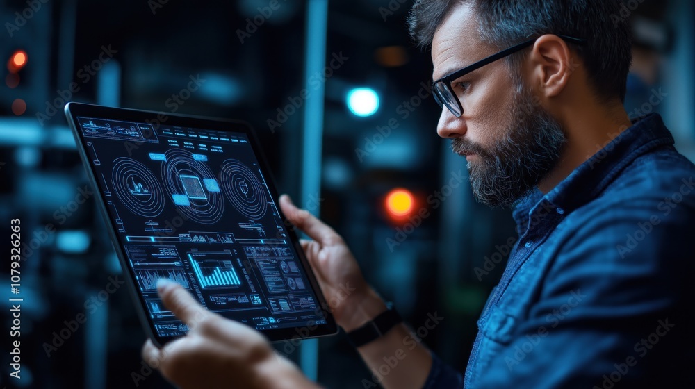 Poster in a tech workspace, a man with glasses intensely examines data displayed on a tablet screen, surrou