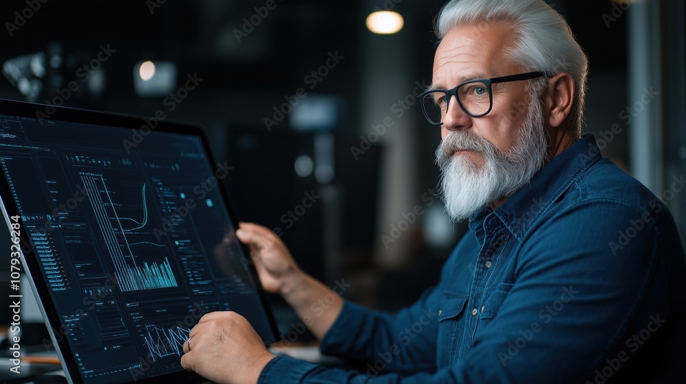 Poster knowledgeable analyst focuses intently on a large computer screen, interpreting complex data visuali