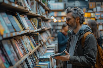 A man with gray hair browses a shelf full of books in a cozy bookstore, taking his time to choose. Soft lighting enhances the inviting atmosphere as other patrons also explore