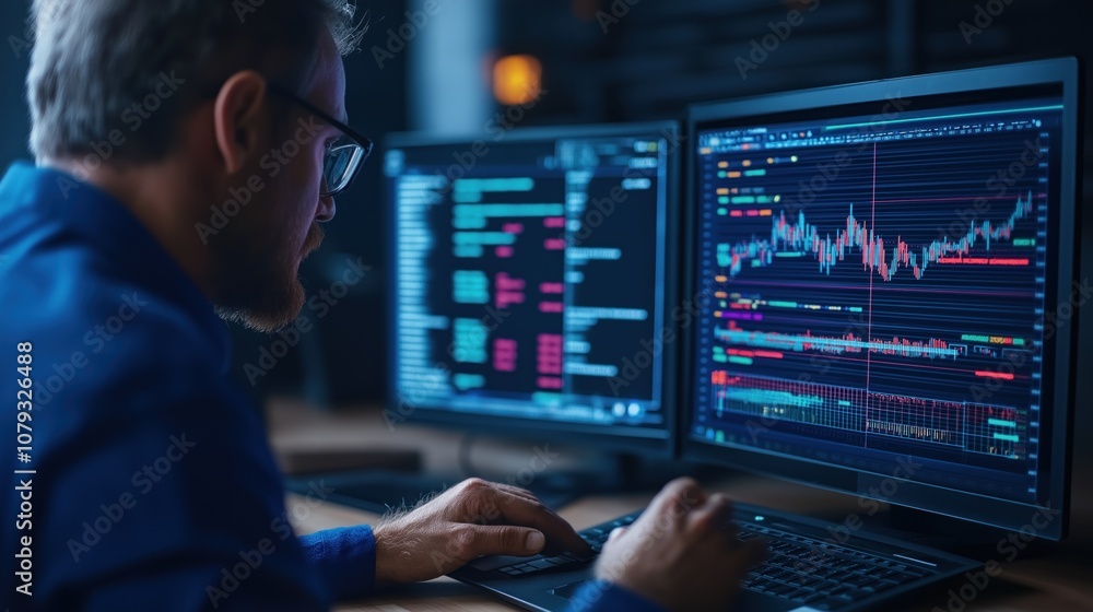 Poster data analyst is intently focused on dual monitors displaying market analytics and stock charts, work