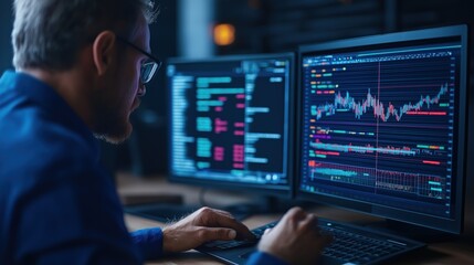 data analyst is intently focused on dual monitors displaying market analytics and stock charts, working late into the night in a modern office setting with low lighting