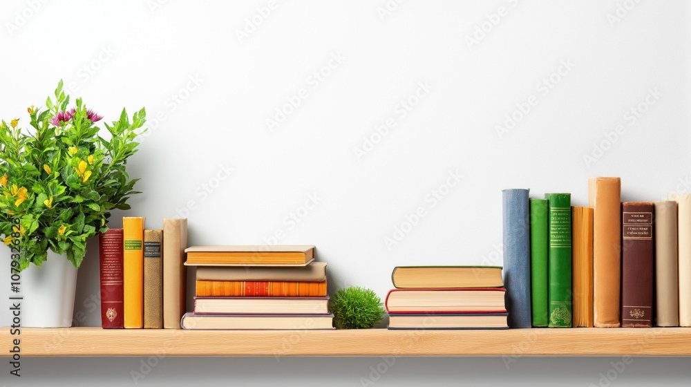 Poster wooden shelf features an array of colorful books stacked neatly alongside a small green plant. fresh