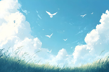 Birds gracefully glide in a bright sky over a vibrant field, evoking a sense of peace and freedom