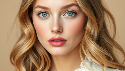 Fototapeta premium Elegantly Styled Portrait of a Woman with Radiant Skin and Flowing Hair