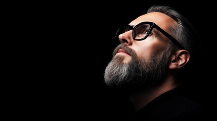 Obraz premium man with a thick beard and stylish glasses gazes thoughtfully upwards, framed by a stark dark background that emphasizes his expressions during the evening hours