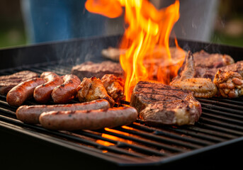Grilling assorted meats at a summer barbecue gathering in the backyard during the evening