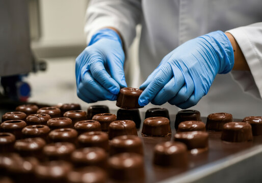 Chocolate maker arranging freshly molded confections in a production facility during daytime