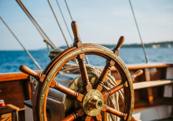 A close-up view of a wooden ship's wheel on a sailing boat navigating calm waters near a coastal landscape during sunset