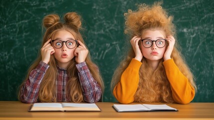 Two students express shock and confusion during a lesson, sitting at their desks with books open. Their hairstyles add to their distinctive looks, capturing a moment of intense focus and emotion