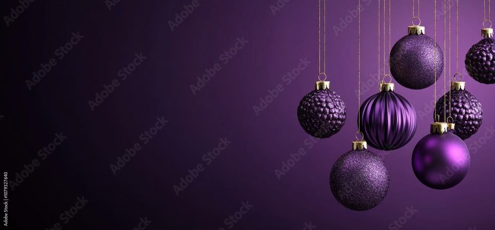 Poster violet background with hanging christmas ornaments and copy space for text generative ai