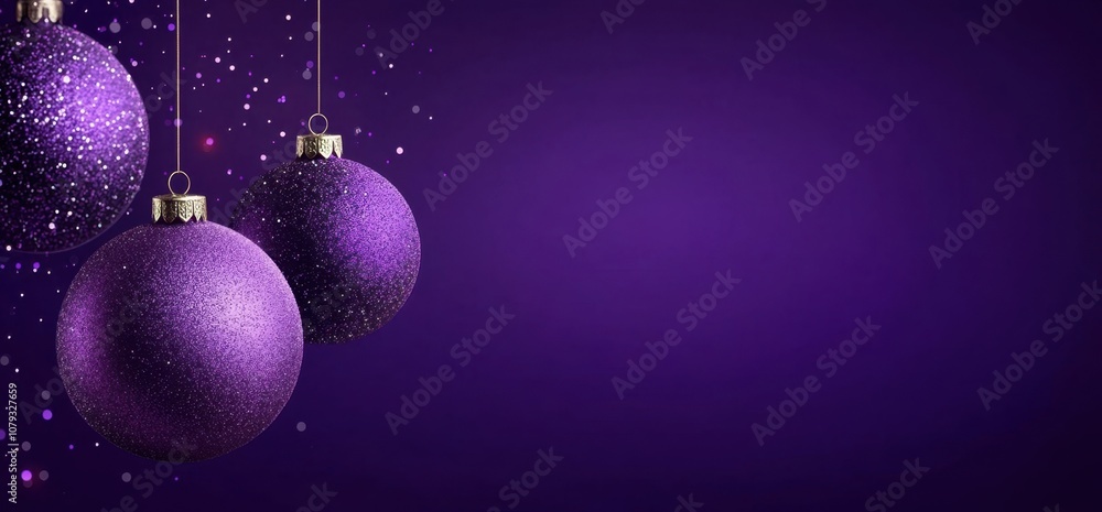Aufkleber violet background with hanging christmas ornaments and copy space for text generative ai