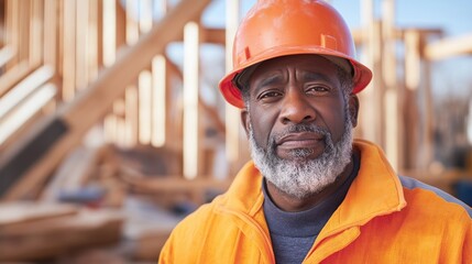 man in an orange safety jacket and hard hat poses at a construction site, showcasing determination and experience amidst the backdrop of wooden beams and bright sunlight