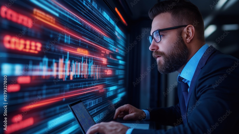 Poster professional analyst intently studies colorful data visualizations on multiple screens