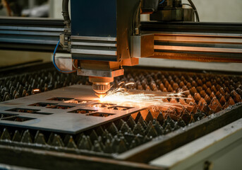 A laser cutter operates on metal sheet in a workshop, producing sparks and precision cuts during the late afternoon