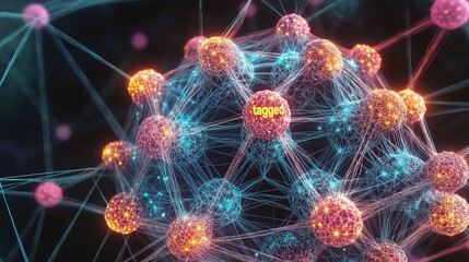An abstract depiction of a molecular structure with glowing nodes and connections, representing concepts of connectivity and technology in a digital landscape.