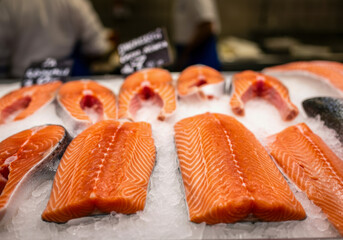Fresh salmon fillets displayed on ice at a market with chefs preparing seafood during a bustling morning in a vibrant city