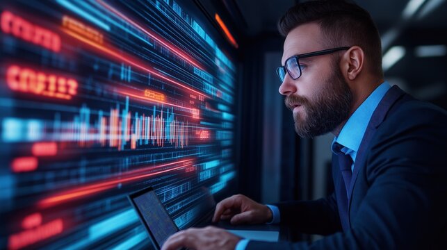professional analyst intently studies colorful data visualizations on multiple screens