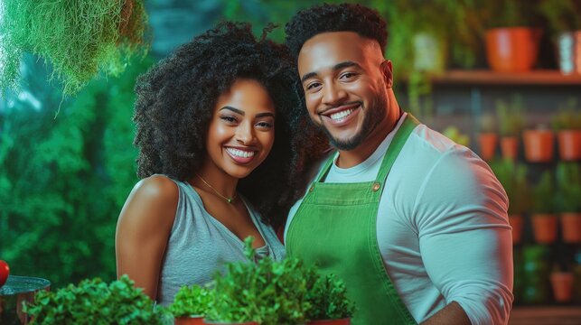 happy couple stands together in a lively herb garden surrounded by various plants and pots, showcasing freshly harvested greens in their hands, filled with joy and warmth
