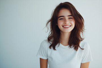 Fototapeta premium Young woman smiles brightly in a casual white t-shirt against a plain backdrop