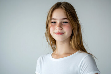 Fototapeta premium Young girl smiling with long hair in a bright indoor setting