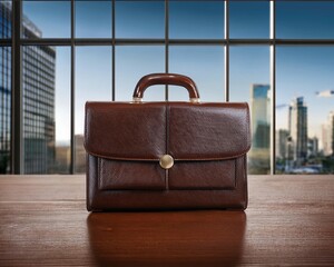 A sophisticated leather briefcase on a wooden office table in a sunlit, modern workspace, representing business success and professional dedication.