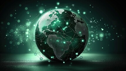 Obraz premium A glowing, digital representation of Earth surrounded by floating particles, conveying a sense of connectivity and technology in a dark green ambiance.