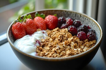 Healthy breakfast bowl with yogurt, granola, and berries in daylight