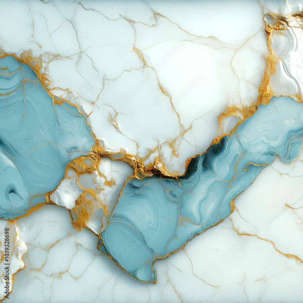 Poster A chic marble pattern with soft transitions between greenish-blue and white tones. Golden veins criss-cross the composition, adding a textural accent and creating a luxurious effect
