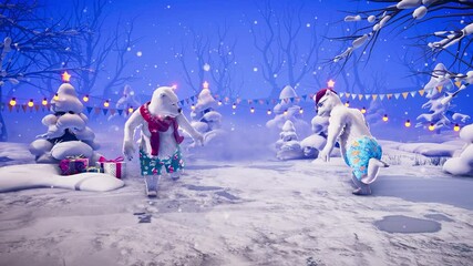 Christmas party: funny polar bears in red hat and scarf dancing on winter festive background. Animated video for greeting cards, holiday events, new year parties