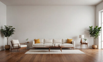 A white sofa sits in the center of a living room, with two yellow pillows and a wooden coffee table