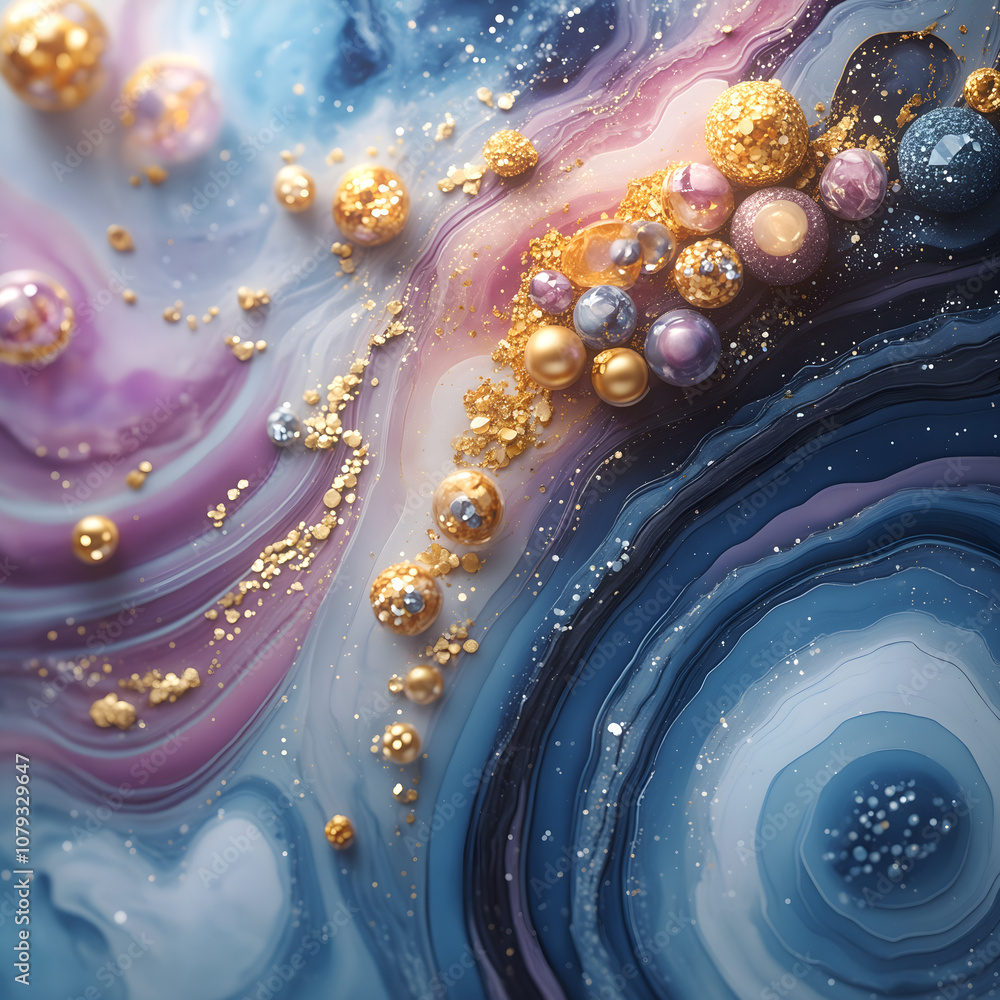 Aufkleber Marble swirls of rich blues and pinks serve as a backdrop for large and small gold spheres adorned with sequins and gemstones. Each piece is unique and perfectly integrated into the overall compositio