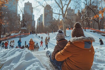 A family sits on a sled, preparing to slide down a snow-covered hill in Central Park. Nearby, others engage in winter fun, showcasing the joy of the season in the city