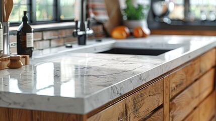 Close-up of a sleek, modern kitchen countertop with a white marble finish, contrasted against warm wooden cabinets.