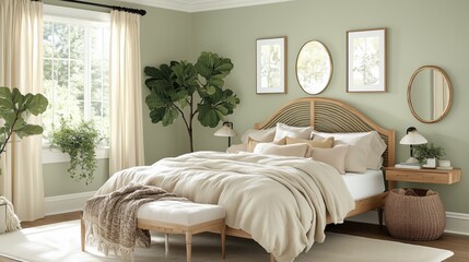 A serene, stylish bedroom with light green walls, natural wood furnishings, and abundant greenery, creating a calm and cozy atmosphere.
