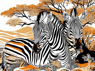 Two zebras in stylized orange and black savanna scene
