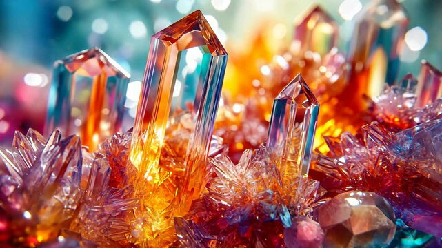 A close-up view of colorful crystals glistening in the light