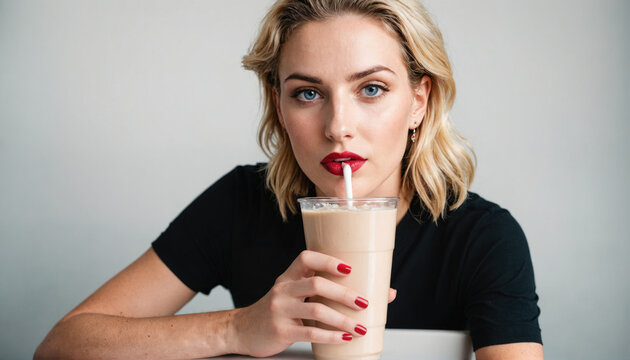 A woman with blonde hair drinks a milkshake through a straw