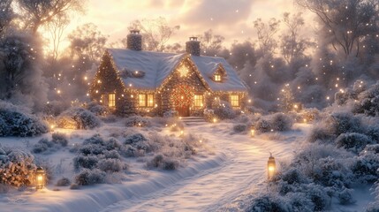 A beautifully lit stone cottage in a snowy forest at dusk, adorned with festive wreaths and garlands, surrounded by glowing lanterns in a serene winter landscape.
