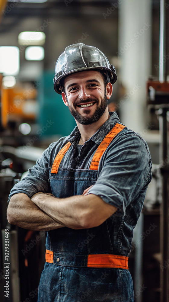 Poster confident industrial worker smiling with crossed arms, showcasing pride and expertise in a factory s
