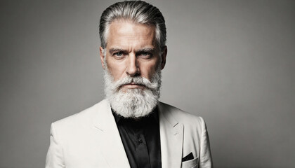 Obraz premium A mature man with a long white beard and gray hair poses in a white suit against a gray background