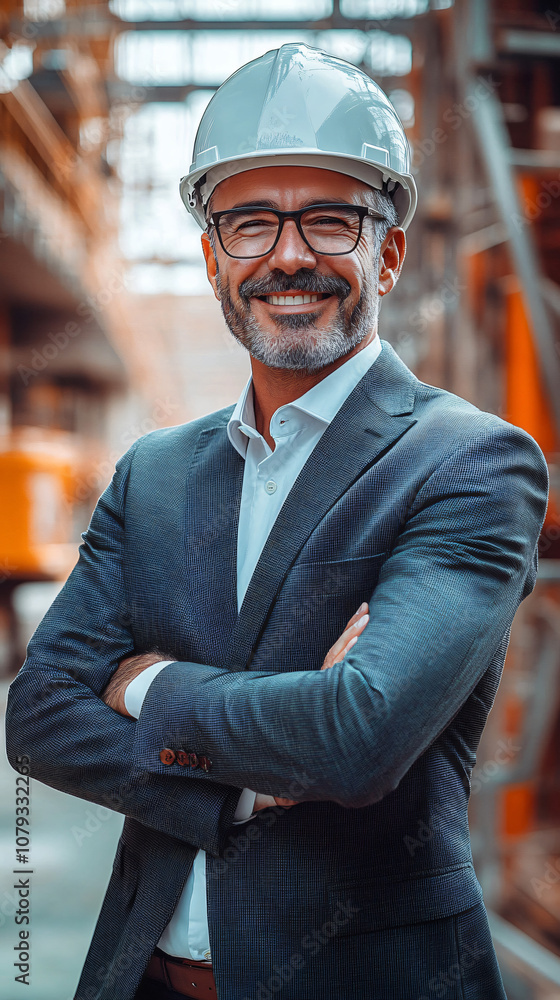Poster portrait of a confident professional engineer smiling with crossed arms, wearing a hardhat and suit 