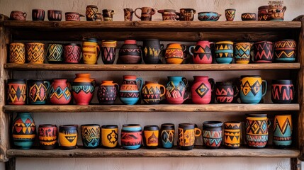 Fototapeta premium Colorful handcrafted pottery displayed on wooden shelves.