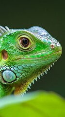 Fototapeta premium A small green iguana resting on a tree branch close-up.