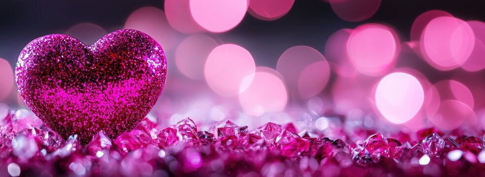 Sparkling rose glitter Valentine heart surrounded by pink crystals on a pink bokeh background. Valentine’s Day and romance concept.